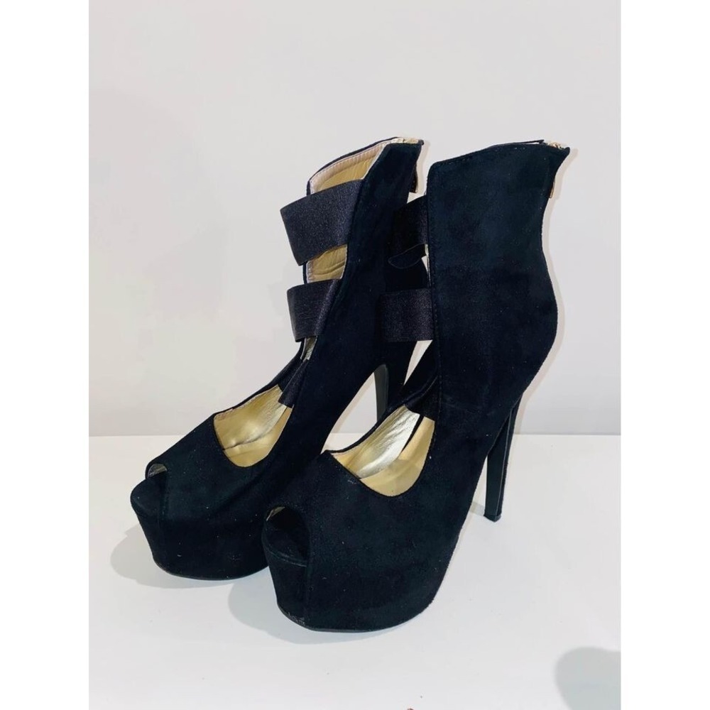 K1 Bebe platform STRAPPY pumps high heels‎ women's 8 black peep toe